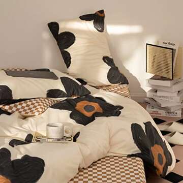 Wellboo Floral Comforter Sets King Women Girls Black Sunflower Comforters Cotton White and Black Botanical Bedding Sets Black Floral Quilts Large Flower Plant Bedding Watercolor Flower Bohemian Bed