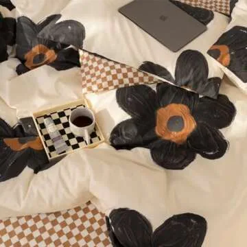 Wellboo Floral Comforter Sets King Women Girls Black Sunflower Comforters Cotton White and Black Botanical Bedding Sets Black Floral Quilts Large Flower Plant Bedding Watercolor Flower Bohemian Bed