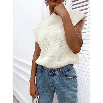 GORGLITTER Women's Cap Sleeve Knit Sweater Vest Mock Neck Business Casual Corporate Pullover Top Solid White Medium