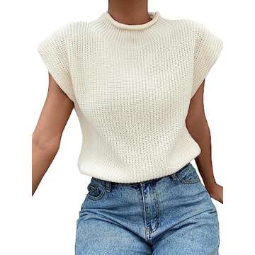 GORGLITTER Women's Cap Sleeve Knit Sweater Vest Mock Neck Business Casual Corporate Pullover Top Solid White Medium