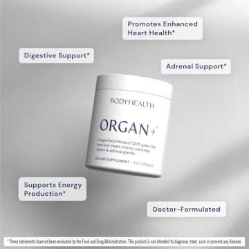 BodyHealth Organ+ Grass-Fed Glandular Organ Complex, Grassfed Beef Organ Supplement, Dessicated Beef Liver, Heart, Kidney, Pancreas, Spleen, Non GMO, Adrenal, Supplement, (150 Capsules)