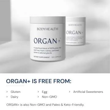 BodyHealth Organ+ Grass-Fed Glandular Organ Complex, Grassfed Beef Organ Supplement, Dessicated Beef Liver, Heart, Kidney, Pancreas, Spleen, Non GMO, Adrenal, Supplement, (150 Capsules)