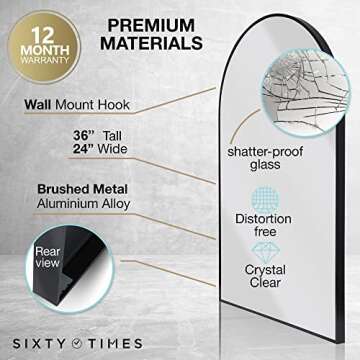 Sixty Times - Arch Mirror - 24" x 36" Inch - Black Arched Mirror, Wall Mounted, Boho or Modern Bathroom, Wall decor for Entry, Hallway or Mantle Fireplace