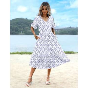 Zeagoo Women's Summer Casual Floral Print Dresses Ruffle Sleeve Flowy Boho Beach High Waist Midi Dre...