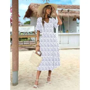 Zeagoo Women's Summer Casual Floral Print Dresses Ruffle Sleeve Flowy Boho Beach High Waist Midi Dress