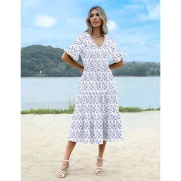 Zeagoo Women's Summer Casual Floral Print Dresses Ruffle Sleeve Flowy Boho Beach High Waist Midi Dress