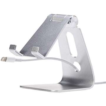 Amazon Basics Adjustable Aluminum Phone Stand for Cell Phones, iPhone and Android, 3.15 x 2.87 x 3.74 Inch, Silver