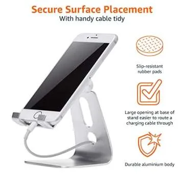 Amazon Basics Adjustable Aluminum Phone Stand for Cell Phones, iPhone and Android, 3.15 x 2.87 x 3.74 Inch, Silver
