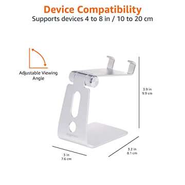 Amazon Basics Adjustable Aluminum Phone Stand for Cell Phones, iPhone and Android, 3.15 x 2.87 x 3.74 Inch, Silver