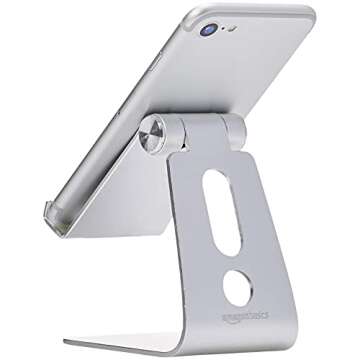 Amazon Basics Adjustable Aluminum Phone Stand for Cell Phones, iPhone and Android, 3.15 x 2.87 x 3.74 Inch, Silver