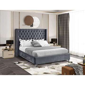 Meridian Furniture Aiden Collection Modern | Contemporary Velvet Upholstered Bed with Deep Button Tu...