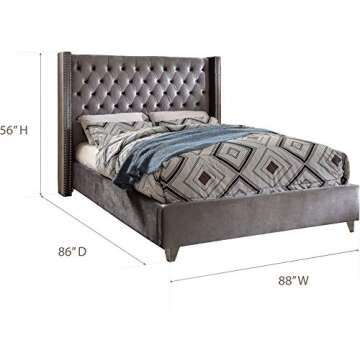 Meridian Furniture Aiden Collection Modern | Contemporary Velvet Upholstered Bed with Deep Button Tufting, Solid Wood Frame, and Custom Chrome Legs, King, Grey