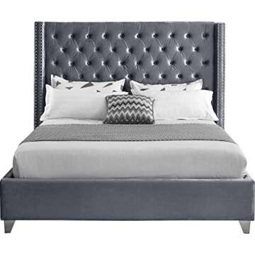 Meridian Furniture Aiden Collection Modern | Contemporary Velvet Upholstered Bed with Deep Button Tufting, Solid Wood Frame, and Custom Chrome Legs, King, Grey