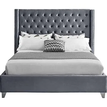 Meridian Furniture Aiden Collection Modern | Contemporary Velvet Upholstered Bed with Deep Button Tufting, Solid Wood Frame, and Custom Chrome Legs, King, Grey