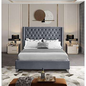 Meridian Furniture Aiden Collection Modern | Contemporary Velvet Upholstered Bed with Deep Button Tufting, Solid Wood Frame, and Custom Chrome Legs, King, Grey