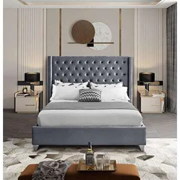 Meridian Furniture Aiden Collection Modern | Contemporary Velvet Upholstered Bed with Deep Button Tufting, Solid Wood Frame, and Custom Chrome Legs, King, Grey