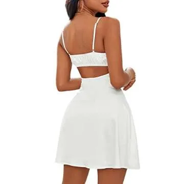 Rooscier Women's Spaghetti Strap Lace Satin Slip Nightwear Sexy Party Mini Dress - Bright White - X-...