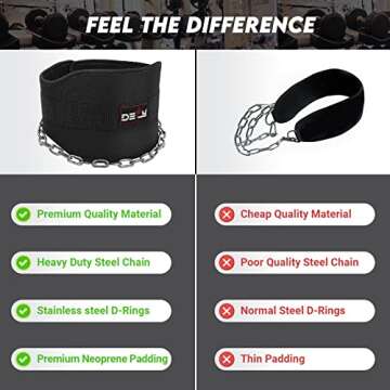 DEFY Dip Belt for Weight Lifting with 36" Steel Chain - 370 lbs weightlifting capacity - Neoprene Gym powerlifting belt for powerlifting & strength training for men & women