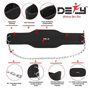 DEFY Dip Belt for Weight Lifting with 36" Steel Chain - 370 lbs weightlifting capacity - Neoprene Gym powerlifting belt for powerlifting & strength training for men & women