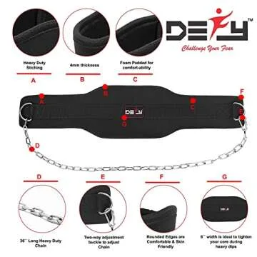 DEFY Dip Belt for Weight Lifting with 36" Steel Chain - 370 lbs weightlifting capacity - Neoprene Gym powerlifting belt for powerlifting & strength training for men & women