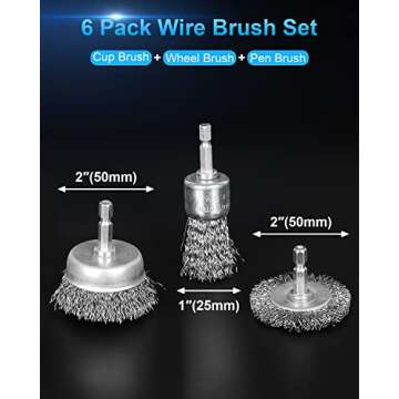 6 Pack Carbon Steel Wire Wheel Brush, Rocaris Cup Brush, Wheel Brush, Pen Brush Set with 1/4-Inch He...