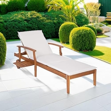 Modern Acacia Wood Chaise Lounge Chair with Side Table