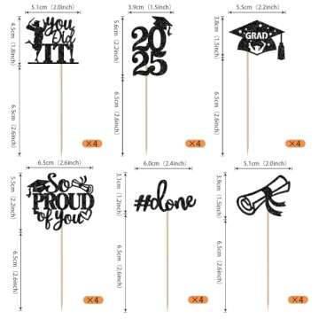 24 Pack Black 2025 Graduation Cupcake Toppers Glitter So Proud of You Done Diploma Grad Cap Cupcake ...