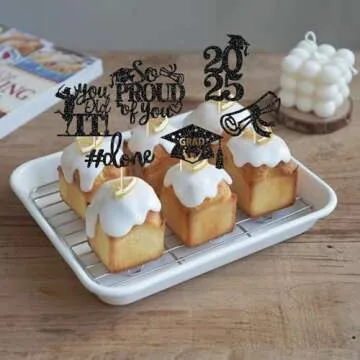 24 Pack Black 2025 Graduation Cupcake Toppers Glitter So Proud of You Done Diploma Grad Cap Cupcake Picks You Did it Cake Decorations for 2025 Graduation Theme Party Decorations Supplies