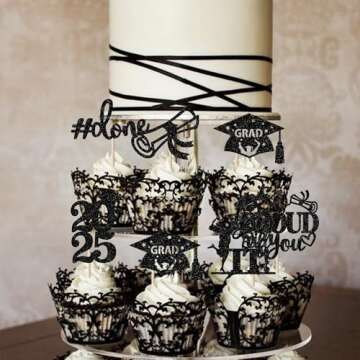 24 Pack Black 2025 Graduation Cupcake Toppers Glitter So Proud of You Done Diploma Grad Cap Cupcake Picks You Did it Cake Decorations for 2025 Graduation Theme Party Decorations Supplies