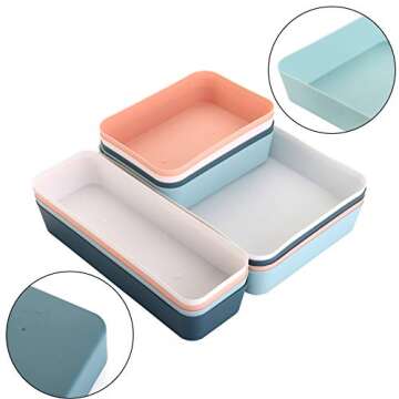 Suwimut 12 Pieces Plastic Desk Drawer Organizer Set, 3 Size Desk Drawer Organizer Divider Trays for Makeup, Jewelry, Utensils, Gadgets, Vanity Storage Bins for Kitchen, Bedroom, Bathroom, Office