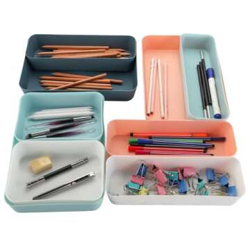Suwimut 12 Pieces Plastic Desk Drawer Organizer Set, 3 Size Desk Drawer Organizer Divider Trays for Makeup, Jewelry, Utensils, Gadgets, Vanity Storage Bins for Kitchen, Bedroom, Bathroom, Office