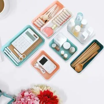 Suwimut 12 Pieces Plastic Desk Drawer Organizer Set, 3 Size Desk Drawer Organizer Divider Trays for Makeup, Jewelry, Utensils, Gadgets, Vanity Storage Bins for Kitchen, Bedroom, Bathroom, Office