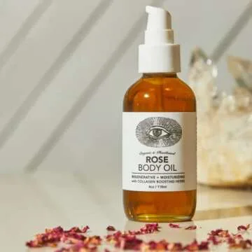 Anima Mundi Rose Body Oil - Botanically Dense Adaptogenic Collagen Formula - Made with Organic Moringa & Jojoba Oil for Skin Rejuvenation - Rose Scented & Hydrating (4oz / 118ml)