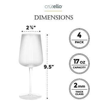 Crutello Modern Wine Glasses 17 oz Glassware, Set of 4, Unique Fluted Glassware with Vintage Ripple Texture, Art Deco Red or White Wine Fancy Glasses
