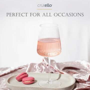 Crutello Modern Wine Glasses 17 oz Glassware, Set of 4, Unique Fluted Glassware with Vintage Ripple Texture, Art Deco Red or White Wine Fancy Glasses