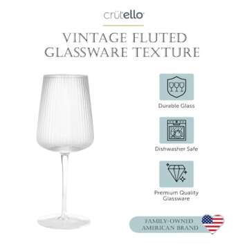 Crutello Modern Wine Glasses 17 oz Glassware, Set of 4, Unique Fluted Glassware with Vintage Ripple Texture, Art Deco Red or White Wine Fancy Glasses