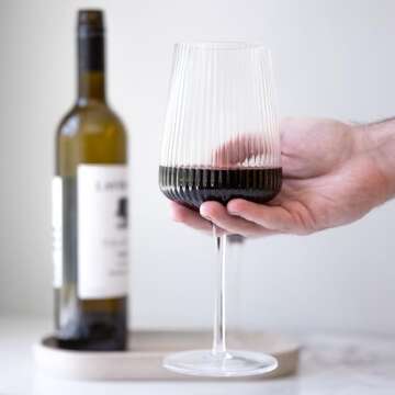 Crutello Modern Wine Glasses 17 oz Glassware, Set of 4, Unique Fluted Glassware with Vintage Ripple Texture, Art Deco Red or White Wine Fancy Glasses