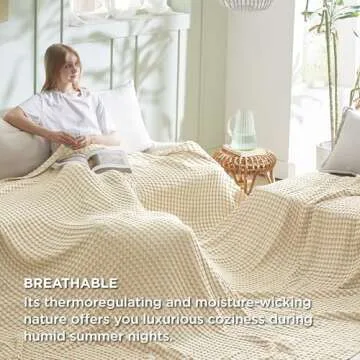 Bedsure Cooling Cotton Waffle Oversized King Blanket - Lightweight Breathable Blankets Rayon Derived from Bamboo for Hot Sleepers, Luxury Throws for Bed and Sofa, Beige, 120x96 Inches