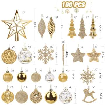 SHareconn 100pcs Christmas Tree Decorations Ornaments Set, Shatterproof Plastic Baubles Decorative Balls for Xmas Tree Decor Holiday Wedding Party, Gold