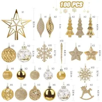 SHareconn 100pcs Christmas Tree Decorations Ornaments Set, Shatterproof Plastic Baubles Decorative Balls for Xmas Tree Decor Holiday Wedding Party, Gold