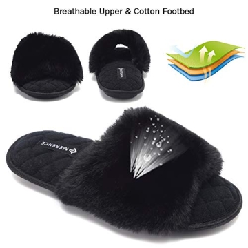 FANTURE Women's Furry Faux Fur Slippers Cozy Memory Foam House Slippers Soft Comfy Flat Slide Sandals Indoor Outdoor