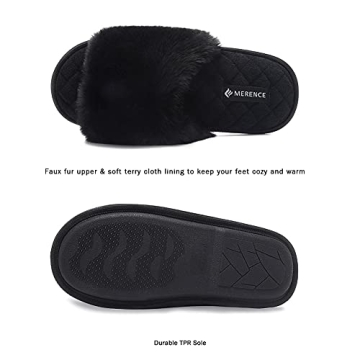 FANTURE Women's Furry Faux Fur Slippers Cozy Memory Foam House Slippers Soft Comfy Flat Slide Sandals Indoor Outdoor
