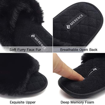 FANTURE Women's Furry Faux Fur Slippers Cozy Memory Foam House Slippers Soft Comfy Flat Slide Sandals Indoor Outdoor