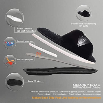 FANTURE Women's Furry Faux Fur Slippers Cozy Memory Foam House Slippers Soft Comfy Flat Slide Sandals Indoor Outdoor