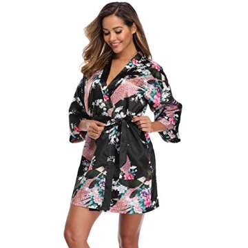 Witbuy Women Short Robe Floral Bathrobe Lightweight Sleepwear Soft Nightgown Bride Bridesmaid Party, black xl