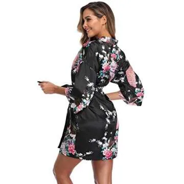 Witbuy Women Short Robe Floral Bathrobe Lightweight Sleepwear Soft Nightgown Bride Bridesmaid Party, black xl