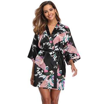 Witbuy Women Short Robe Floral Bathrobe Lightweight Sleepwear Soft Nightgown Bride Bridesmaid Party, black xl