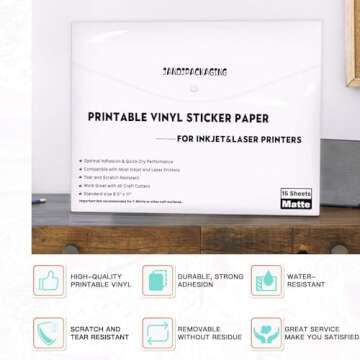 JANDJPACKAGING Printable Vinyl Sticker Paper - Waterproof Printable Vinyl for Laser & Inkjet Printer 15 Self-Adhesive Sheets - Matte White - Standard Letter Size 8.5"x11"