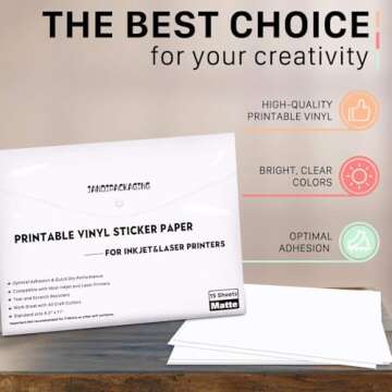 JANDJPACKAGING Printable Vinyl Sticker Paper - Waterproof Printable Vinyl for Laser & Inkjet Printer 15 Self-Adhesive Sheets - Matte White - Standard Letter Size 8.5"x11"