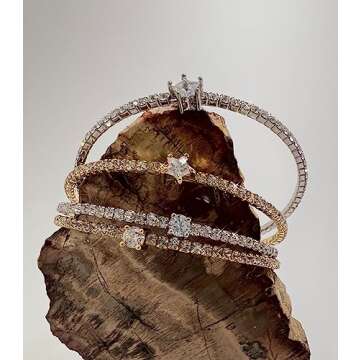 OZEL – Gold Bracelets for Women – 18K Real Gold Plated – Colorful Crystal Cute Bracelets for her (Green/Clear/Black/Pink Opal/Green Opal/White Opal) (G_Round, Free)